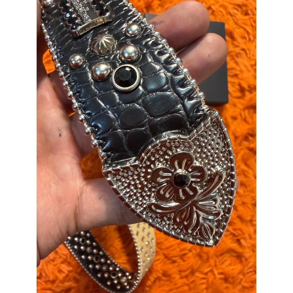 BB Simon Black Croc Embossed Leather Swarovski Crystal Studded Western Belt Box